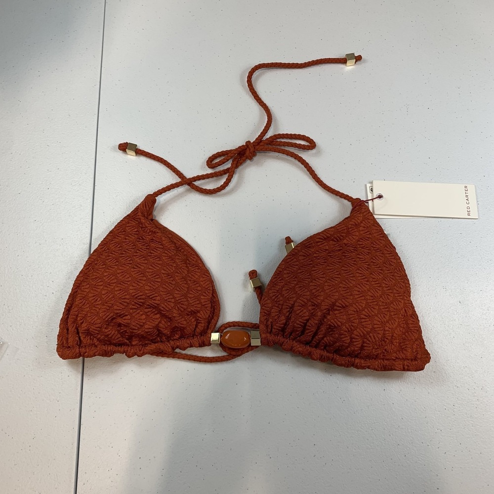 Red Carter Women's Swim Bikini Top M Slider Triangle Beaded Textured Ember